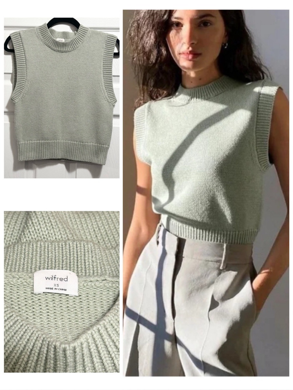 Aritzia Wilfred Alps Vest Sweater Merino Wool Cotton Blend Silver Sage Size XS